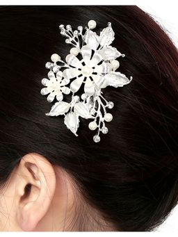 Priyaasi - Silver-Plated Pearls And Stones Studded Floral Inspired Comb Pin
