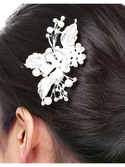 Priyaasi - Silver-Plated Pearls And Stones Studded Floral Inspired Comb Pin