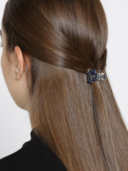 Priyaasi - Silver Plated Blue Stone Studded Floral Pattern Hair Clutch