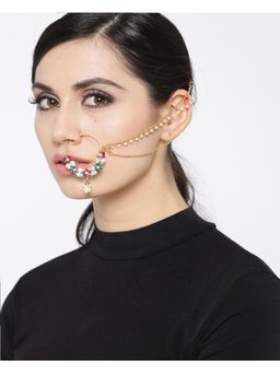Priyaasi - Gold Plated Stones Studded Floral Patterned Nose Ring In Multi-Color With Beaded Chains