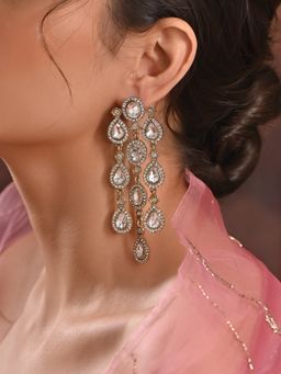 Fida - Gold Plated White Long Strand Cz Drop Earrings For Women