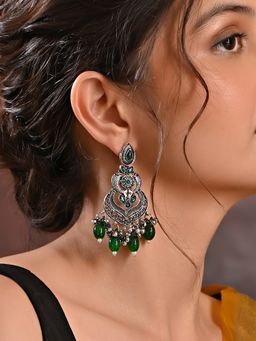 Fida - Green Oxidised Silver Chand Bali Earrings For Women