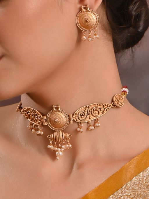 Fida Ethnic Gold Plated Pearl Choker Jewellery Set For Women