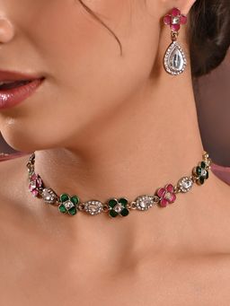 Fida - Gold Plated Multi Colour Cz Stone Floral Jewellery Set