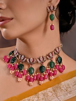 Fida - Ethnic Multicolour Gold Plated Pearl Choker Jewellery Set For Women