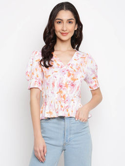 Latin Quarters - Floral Print Button Down Top with Puff Sleeves