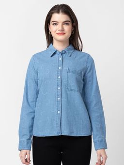 Spykar - Women Light Blue Cotton Slim Fit Denim Shirt
