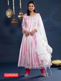 Gajra Gang - Shimmery Tie Dye White & Pink Anarkali With Straight Pant & Dupatta GGSKD04 (Set of 3)