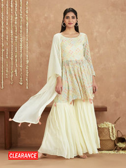 Gajra Gang - Bani Yellow Print with Sequins Peplum Top Sharara Dupatta GGSKD41 (Set of 3)