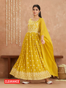 Gajra Gang - Bani Mustard Chikankari work Anarkali Dupatta Legging GGSKD42 (Set of 3)