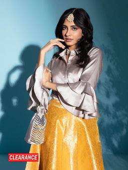 Gajra Gang - Dreamy Drapes Grey Ruffle Sleeve Modal Satin Shirt GGTOP10