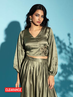 Gajra Gang - Dreamy Drapes Olive Modal Satin Embroidered Crop top GGTOP12