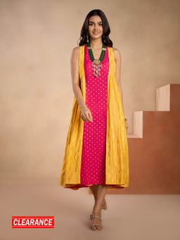Gajra Gang - Ruh Banjara Mustard Foil Printed Gathered Overlay Jacket GGJCK04