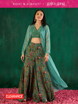 Gajra Gang - Rishi Vibhuti Teal Printed Top, Skirt & Jacket Co-ord Set (Set of 3) GGRVSKD04