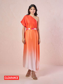 Gajra Gang - Orange Amore Ombre One Shoulder Ethnic Dress with Belt (Set of 2)