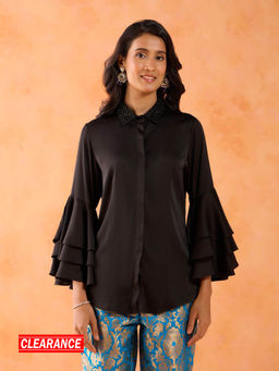 Gajra Gang - Black Ruffle Sleeves Collar embellished Shirt GGTOPN01