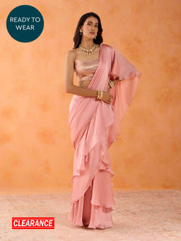 Gajra Gang - Rue De Ruffles Pink Satin Georgette Ready to Wear Ruffle Saree GGRRSAR04
