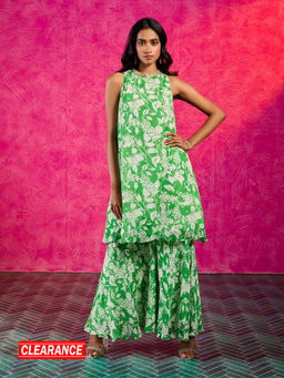 Gajra Gang - Frida Farida Green Chiffon Poppy Print Kurta Sharara Set GGFFKS01