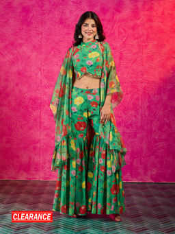 Gajra Gang - Frida Farida Green Georgette Poppy Print Fusion Cape Sharara Set GGFFSKD02