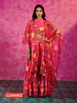 Gajra Gang - Frida Farida Pink Georgette Poppy Print Fusion Cape Sharara Set GGFFSKD02