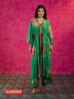 Gajra Gang - Frida Farida Green Georgette Poppy Print Kaftan Pant Set GGFFSKD08 ( Set of 3 )