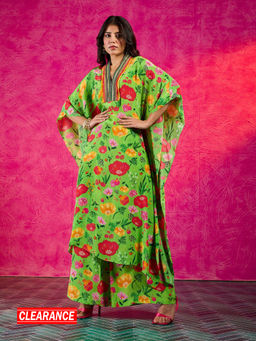Gajra Gang - Frida Farida Green Crepe Poppy Print Kaftan Pant Set GGFFKS04 ( Set of 2 )