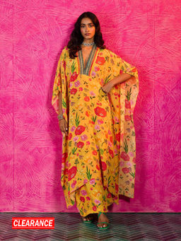 Gajra Gang - Frida Farida Yellow Crepe Poppy Print Kaftan Pant Set GGFFKS04 ( Set of 2 )