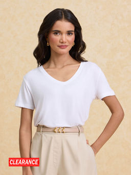 Twenty Dresses by Nykaa Fashion - Basics White Solid V Neck Everyday Essentials T-shirts