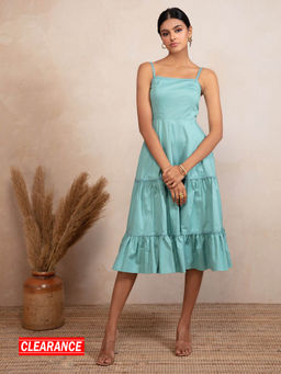RSVP by Nykaa Fashion - Blue Solid Square Neck Knee Length Dress