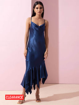 RSVP by Nykaa Fashion - Blue Solid Cowl Neck Midi Dress