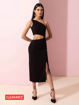 RSVP by Nykaa Fashion - Black Solid One Shoulder Midi Dress