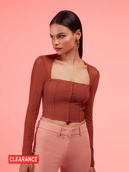 RSVP by Nykaa Fashion - Brown Square Full Sleeves Mesh Short Top