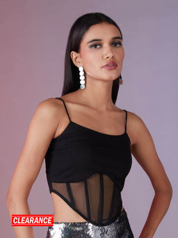 RSVP by Nykaa Fashion - Black Round Neck Mesh Detail Crop Top