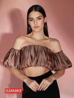 RSVP by Nykaa Fashion - Brown Off Shoulder Ruched Crop Top