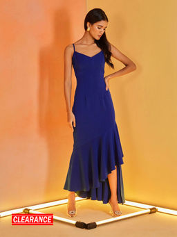 RSVP by Nykaa Fashion - Royal Blue V Neck Fit And Flare Ruffled Midi Dress