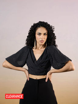 RSVP by Nykaa Fashion - Black Embellished Puff Sleeves Wrap Crop Top