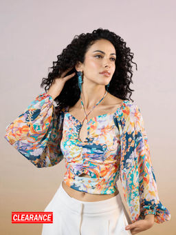 RSVP by Nykaa Fashion - Multicolor Puff Sleeves Floral Printed Crop Top