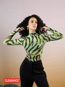 RSVP by Nykaa Fashion - Lime Green High Neck Animal Print Bodysuit