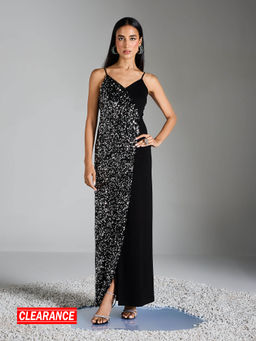 RSVP by Nykaa Fashion - Silver And Black Half Sequin V Neck Strappy Gown