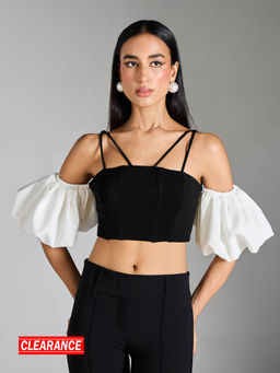 RSVP by Nykaa Fashion - Black And White Solid Puff Sleeve Strappy Crop Top