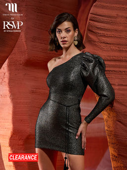 RSVP by Nykaa Fashion - Nikita Mhaisalkar Gold Textured One Shoulder Balloon Sleeve Mini Dress (Set of 2)