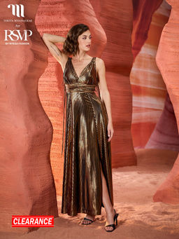 RSVP by Nykaa Fashion - Nikita Mhaisalkar Copper Pleated Plunge Neck Strappy Maxi Dress