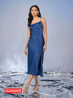 RSVP by Nykaa Fashion - Navy Blue Solid Satin Strappy Cowl Neck Party Dress
