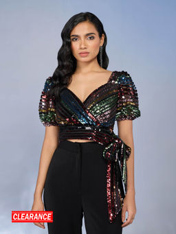 RSVP by Nykaa Fashion - Multi-Color Sequin Puff Sleeves Crop Top