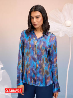 RSVP by Nykaa Fashion - Blue Brush Stroke Printed Full Sleeves Satin Shirt