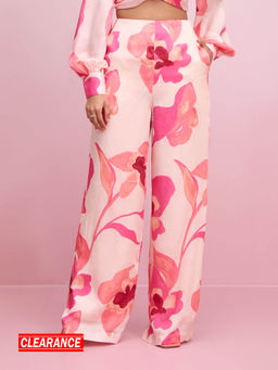 RSVP by Nykaa Fashion - Pink and Cream Floral Printed High Waist Flared Satin Pants