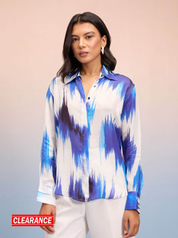 RSVP by Nykaa Fashion - Blue and White Ikat Printed Full Sleeves Satin Shirt