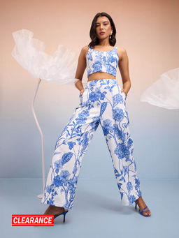 RSVP by Nykaa Fashion - Blue and White Floral Printed High Waist Linen Pants