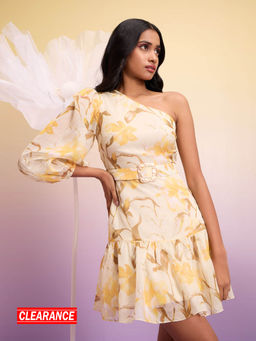 RSVP by Nykaa Fashion - Yellow Floral Print One Shoulder Tiered Short Dress (Set of 2)