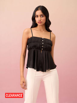 RSVP by Nykaa Fashion - Black Solid Square Neck Gathered Strappy Satin Top